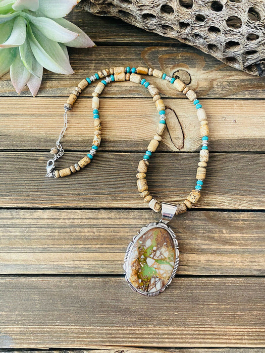 Navajo Jasper, Turquoise And Sterling Silver Beaded Necklace & Pendant Signed