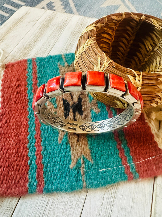 Navajo Spiny Oyster & Sterling Silver Bangle Bracelet Signed Lerry James