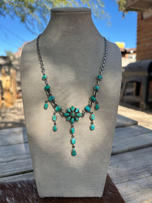 Handmade Sterling Silver Emerald Valley Turquoise Waterfall Flower Necklace