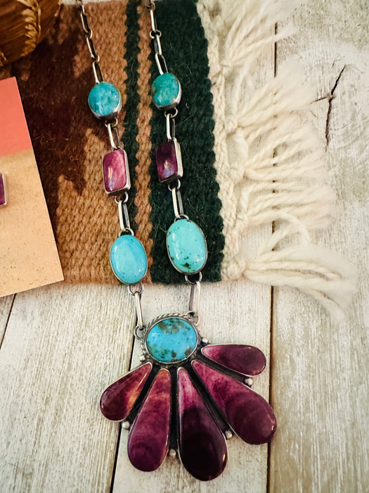 Navajo Sterling Silver, Spiny Oyster & Turquoise Necklace Set