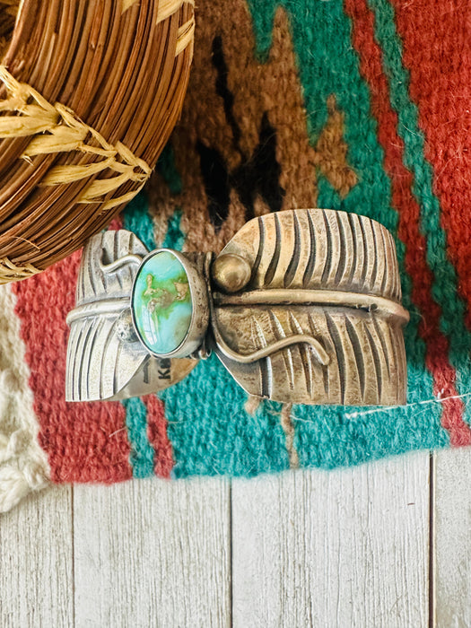 Navajo Sonoran Gold Turquoise & Sterling Silver Feather Cuff Bracelet