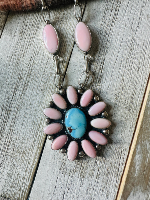 Navajo Queen Pink Conch, Turquoise & Sterling Silver Cluster Necklace Set