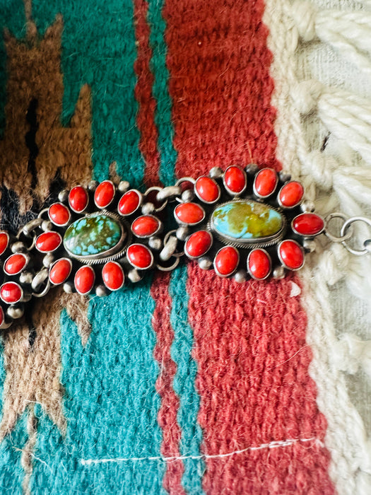 Navajo Coral, Turquoise & Sterling Silver Link Bracelet