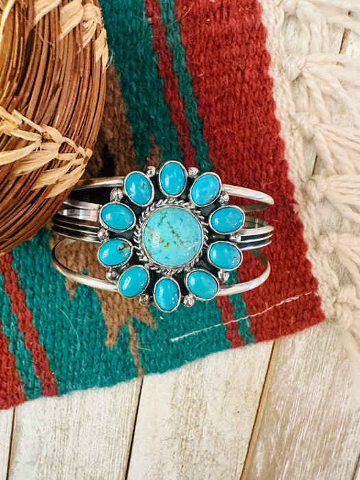 Navajo Kingman Turquoise & Sterling Silver Cluster Cuff Bracelet