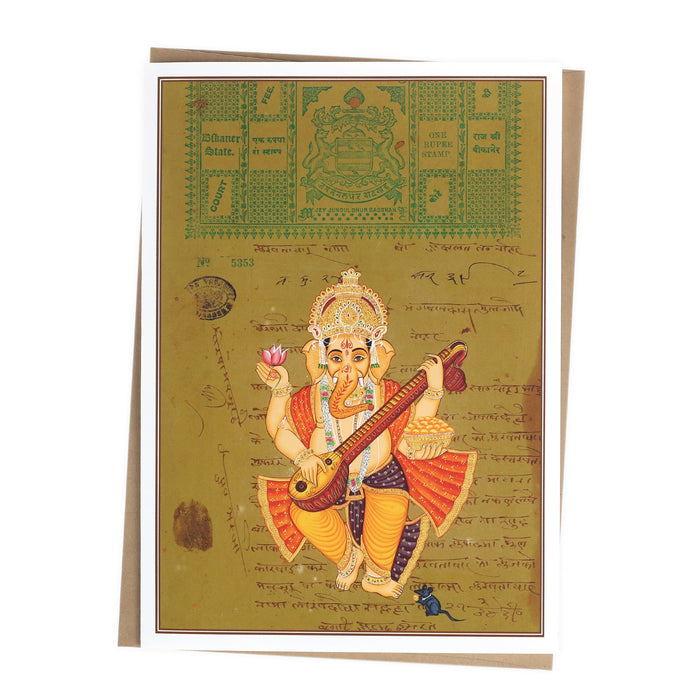 Greeting Card - Rajasthani Miniature Painting - Ganesh Playing Veena - 5"x7"