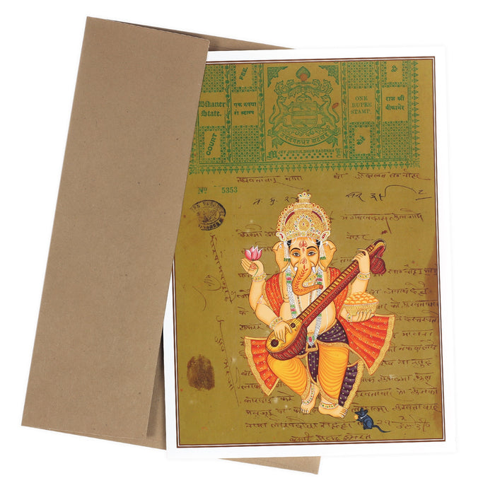 Greeting Card - Rajasthani Miniature Painting - Ganesh Playing Veena - 5"x7"