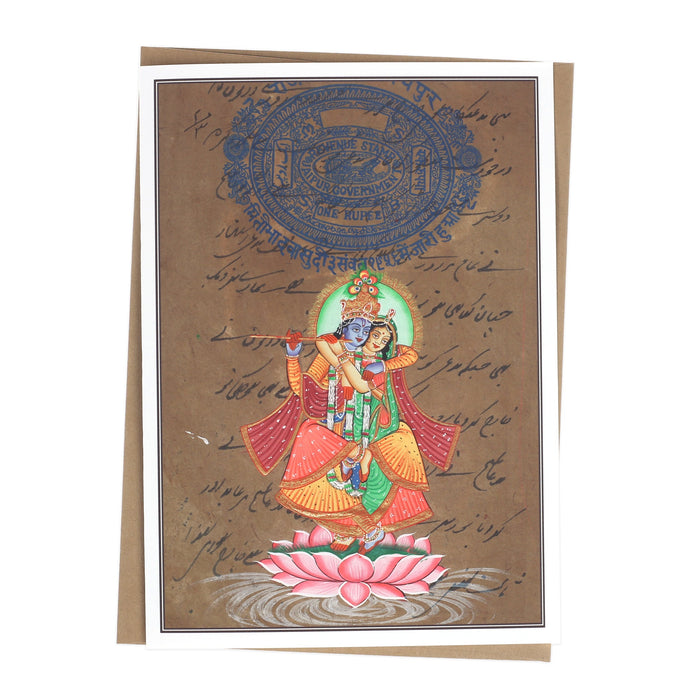 Greeting Card - Rajasthani Miniature Painting - Radha Krishna on Lotus - 5"x7"