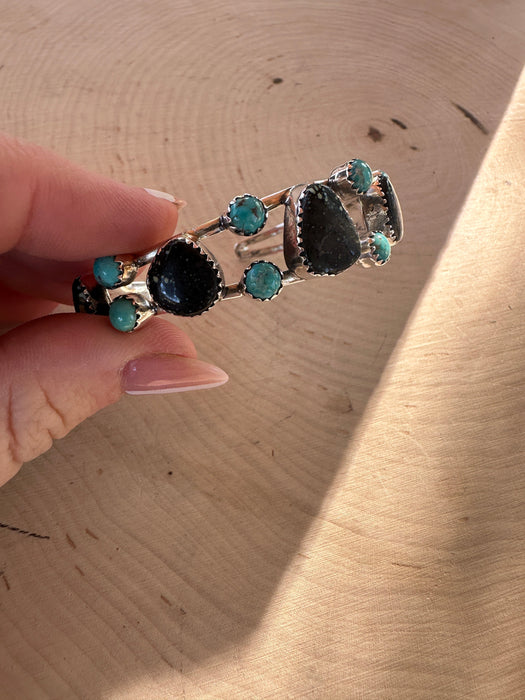 Handmade New Lander Turquoise, Kingman Turquoise & Sterling Silver Cuff Bracelet