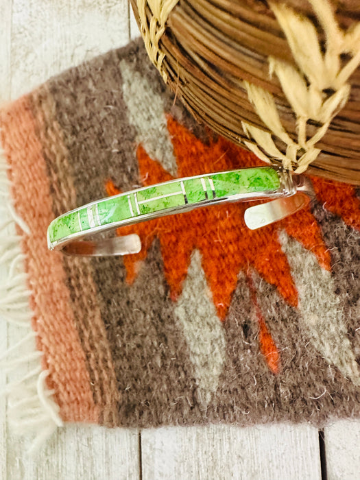 Navajo Gaspeite & Sterling Silver Inlay Cuff Bracelet