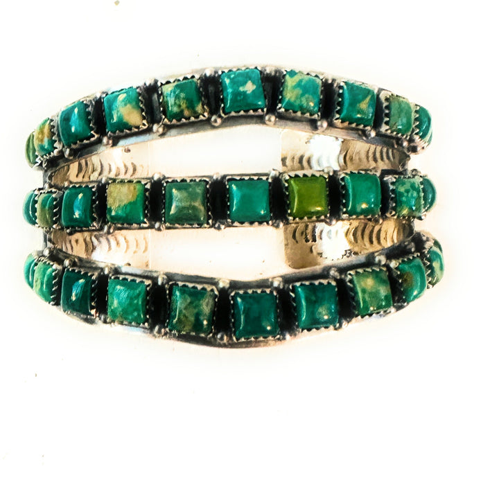 Navajo Sterling Silver & Kingman Turquoise Three Row Cuff Bracelet