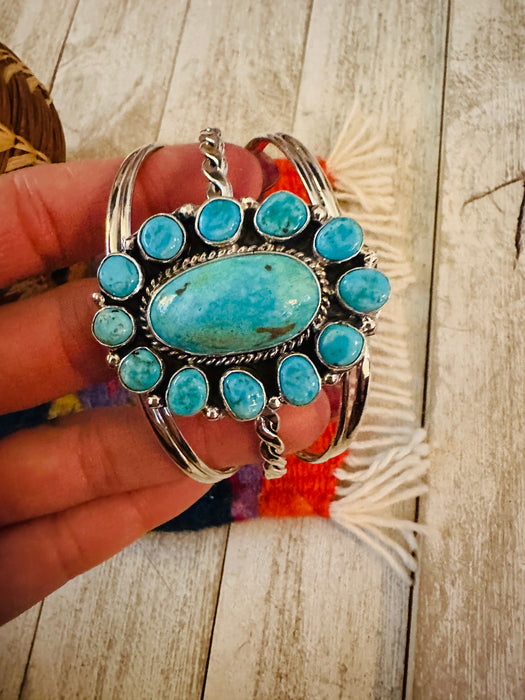 Navajo Kingman Turquoise & Sterling Silver Cluster Cuff Bracelet