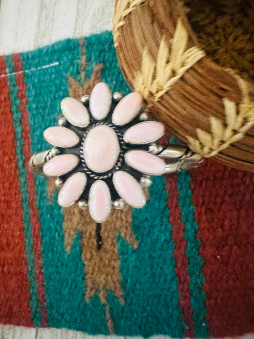 Navajo Queen Pink Conch Shell & Sterling Silver Cluster Cuff Bracelet