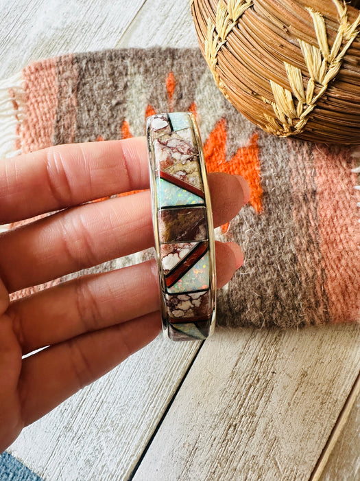 Navajo Multi Stone & Sterling Silver Inlay Cuff Bracelet