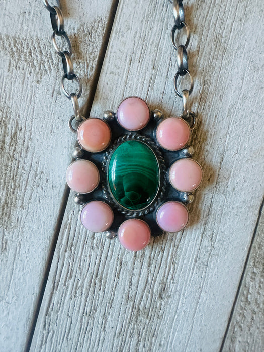 Navajo Sterling Silver, Queen Pink Conch Shell & Malachite Necklace