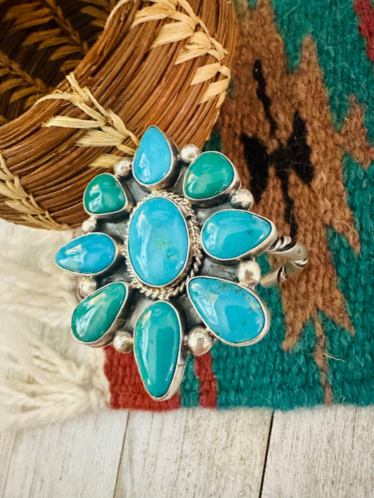 Navajo Turquoise & Sterling Silver Cluster Cuff Bracelet