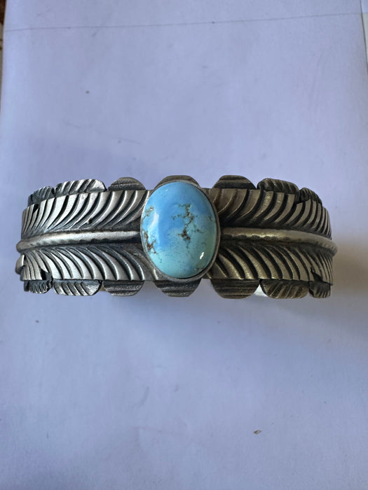 Navajo Golden Hills Turquoise & Sterling Silver Feather Cuff Bracelet