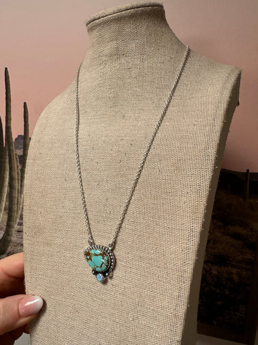 Beautiful Handmade Sterling Silver, Fire Opal & Number 8 Turquoise Necklace