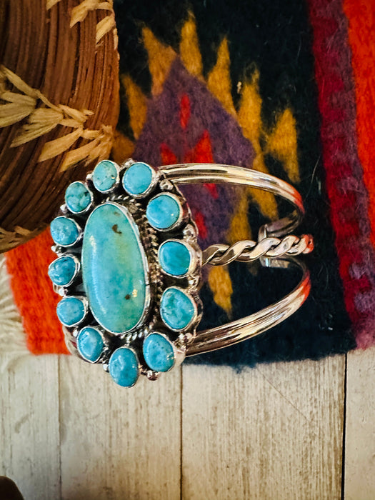 Navajo Kingman Turquoise & Sterling Silver Cluster Cuff Bracelet