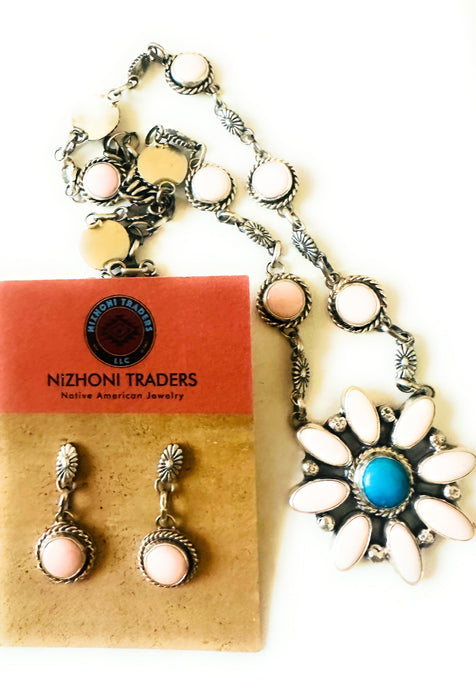 Navajo Queen Pink Conch, Turquoise & Sterling Silver Cluster Necklace Set