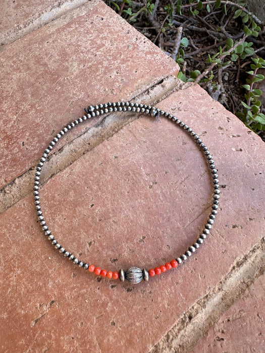 Handmade Sterling Silver Coral Beaded Wrap Choker Necklace