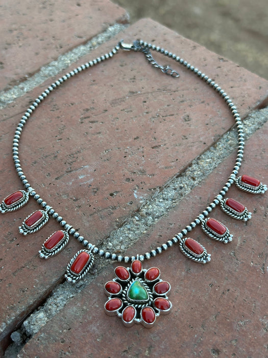 Beautiful Handmade Sterling Silver, Sonoran Turquoise & Coral Necklace