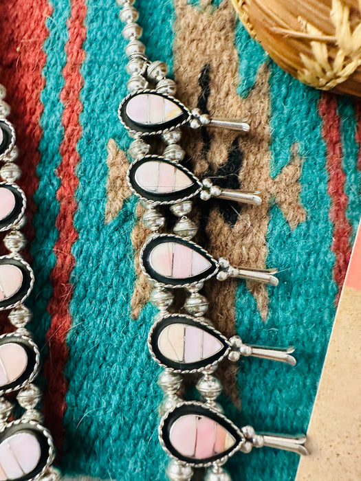 Zuni Sterling Silver & Queen Pink Conch Squash Blossom Necklace Set