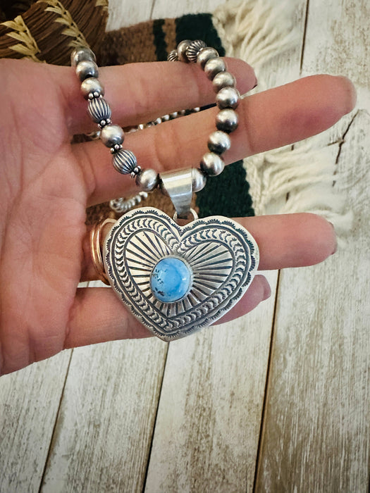 Navajo Golden Hills Turquoise & Sterling Silver Beaded Heart Necklace