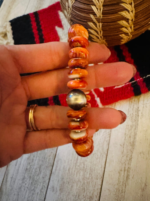 Navajo Orange Spiny & Sterling Silver Beaded Stretch Bracelet