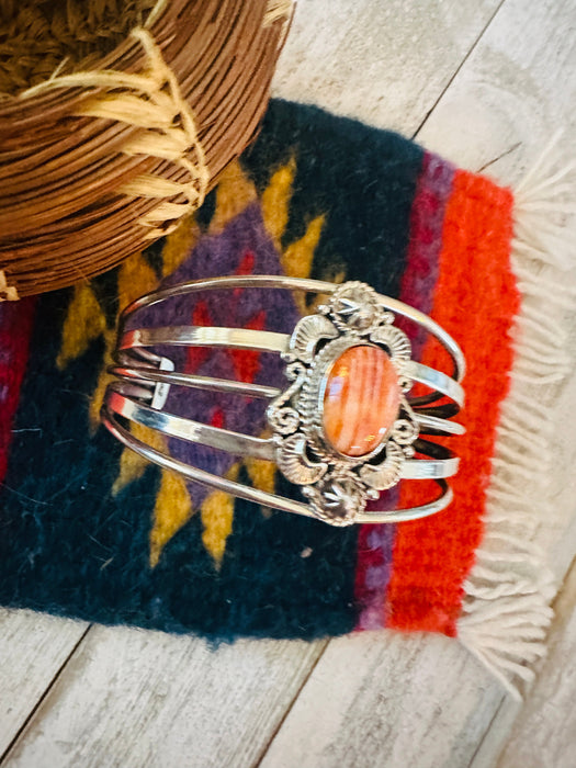 Navajo Sterling Silver & Orange Spiny Oyster Cuff Bracelet