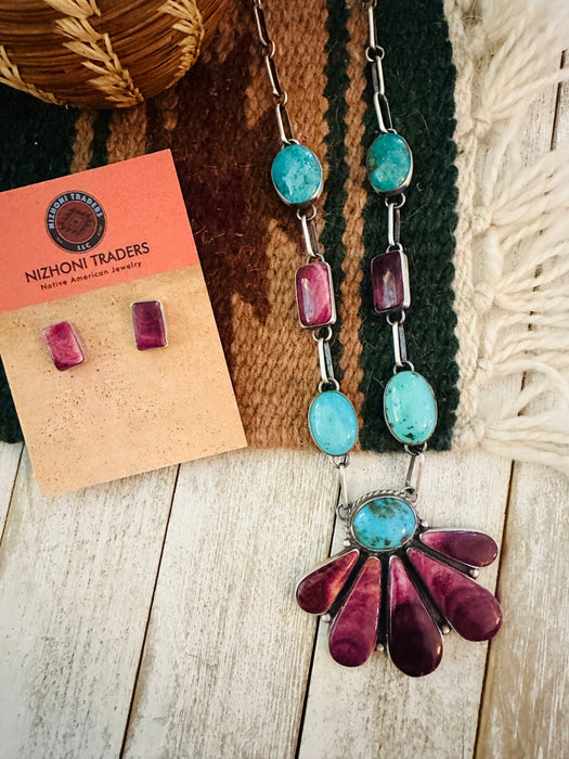 Navajo Sterling Silver, Spiny Oyster & Turquoise Necklace Set