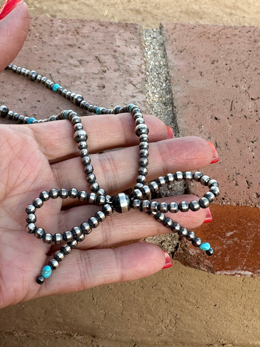 Navajo Made Sterling Silver & Turquoise  Pearl Beaded 3-5mm Bow Tie  Necklace 18 inches