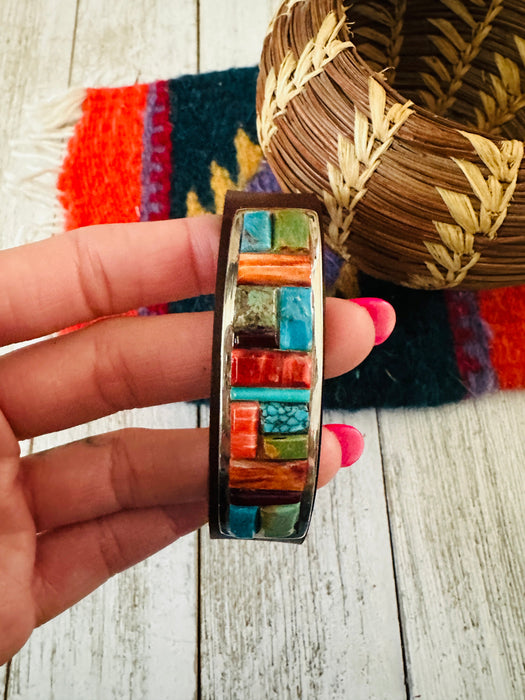 Navajo Multi Stone Inlay And Sterling Silver Leather Bracelet