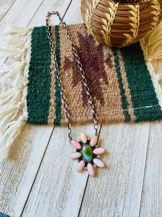 Navajo Sterling Silver, Queen Pink Conch Shell & Turquoise Necklace