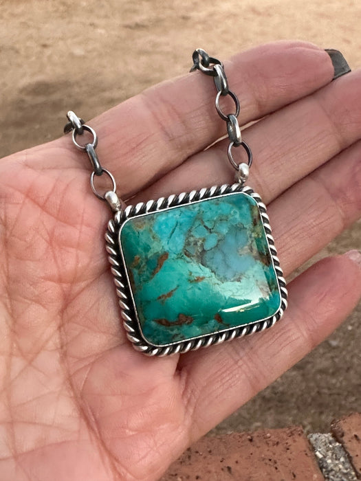 Navajo Alfred Martinez Sterling Silver & Kingman Turquoise Mojave Bar Necklace