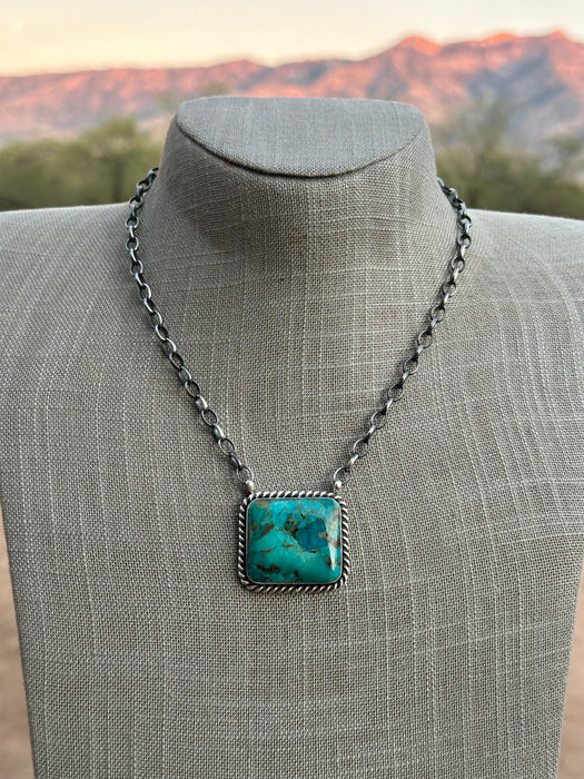 Navajo Alfred Martinez Sterling Silver & Kingman Turquoise Mojave Bar Necklace