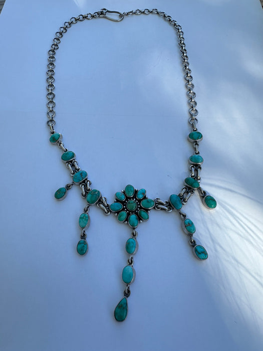 Handmade Sterling Silver Emerald Valley Turquoise Waterfall Flower Necklace