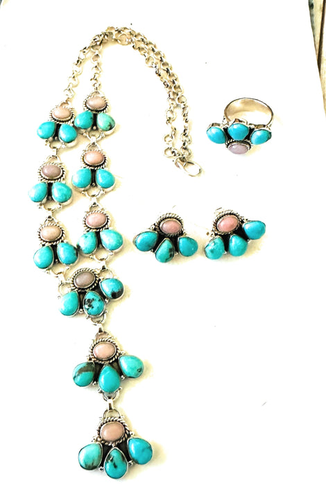 Handmade Sterling Silver, Turquoise & Pink Opal Necklace Set Signed Nizhoni