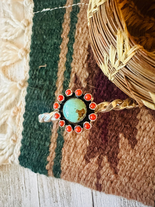 Navajo Turquoise, Coral & Sterling Silver Cluster Cuff Bracelet