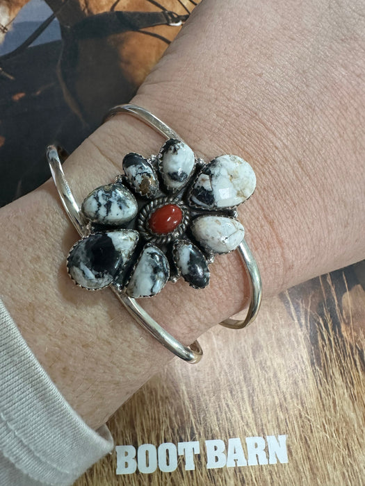 Handmade Sterling Silver, White Buffalo & Coral Adjustable Cuff Bracelet