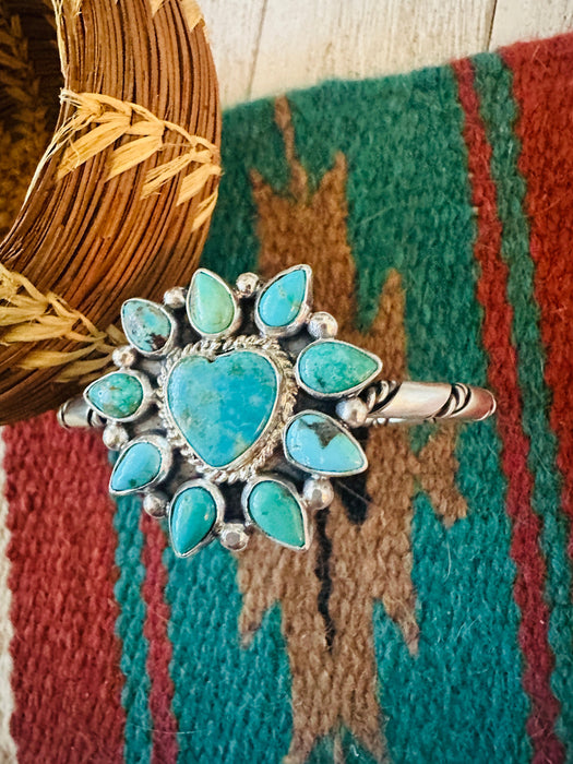 Navajo Turquoise & Sterling Silver Heart Cluster Cuff Bracelet