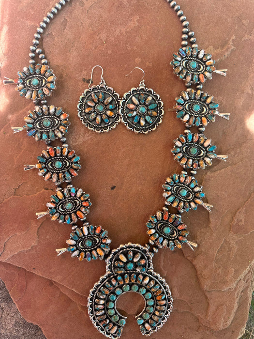 Handmade Sterling Silver, Turquoise & Spice Squash Blossom Necklace Set Signed Nizhoni