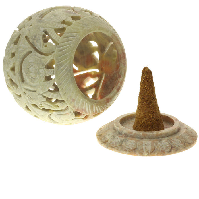 Burner for Cones and Candle Holder - Soapstone Carved Tea-Light Ball - Elephant 3.5 inches