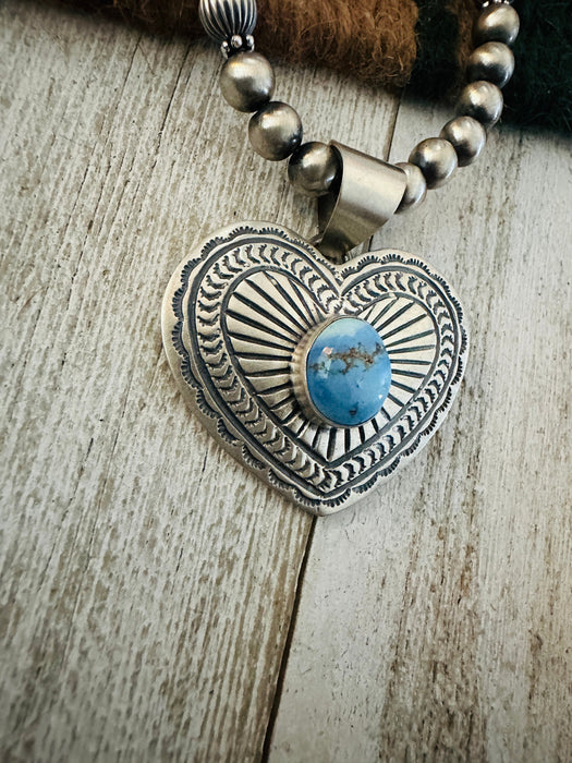 Navajo Golden Hills Turquoise & Sterling Silver Beaded Heart Necklace