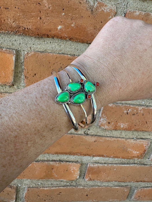 Handmade Sterling Silver, Coral & Dyed Kingman Turquoise Cactus Adjustable Cuff Bracelet