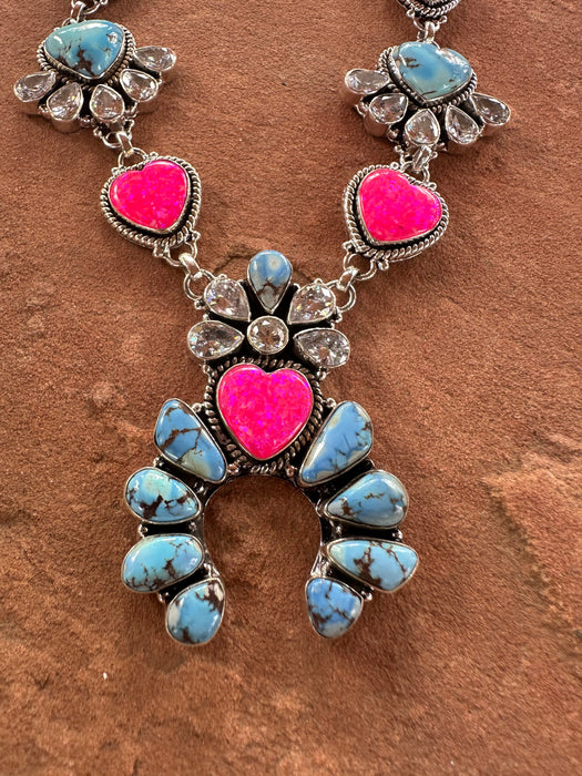 Handmade Sterling Silver, Golden Hills Turquoise, CZ & Pink Fire Opal Necklace Set Signed Nizhoni