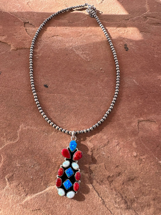 4th Of July Collection Handmade Sterling Silver & Red, White & Blue Fire Opal Cluster Necklace