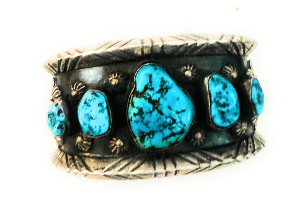 Old Pawn Navajo Sterling Silver & Kingman Turquoise Cuff Bracelet