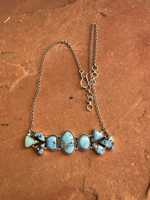 Handmade Sterling Silver & Golden Hills Turquoise Cluster Bar Necklace