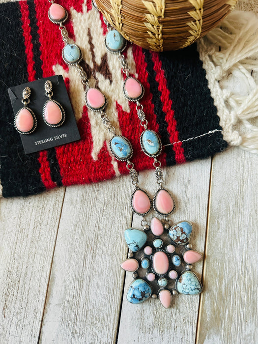 Navajo Queen Pink Conch, Turquoise & Sterling Silver Cluster Necklace Set