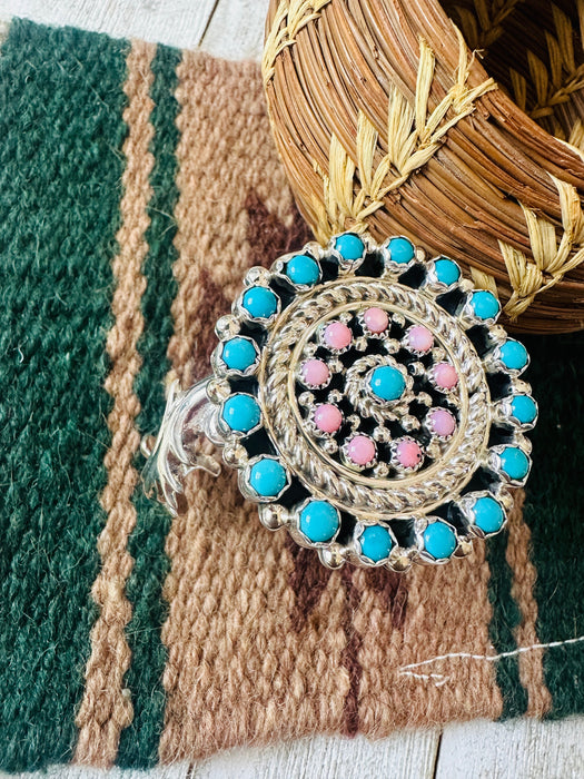 Navajo Sterling Silver, Turquoise & Queen Pink Conch Cuff Bracelet